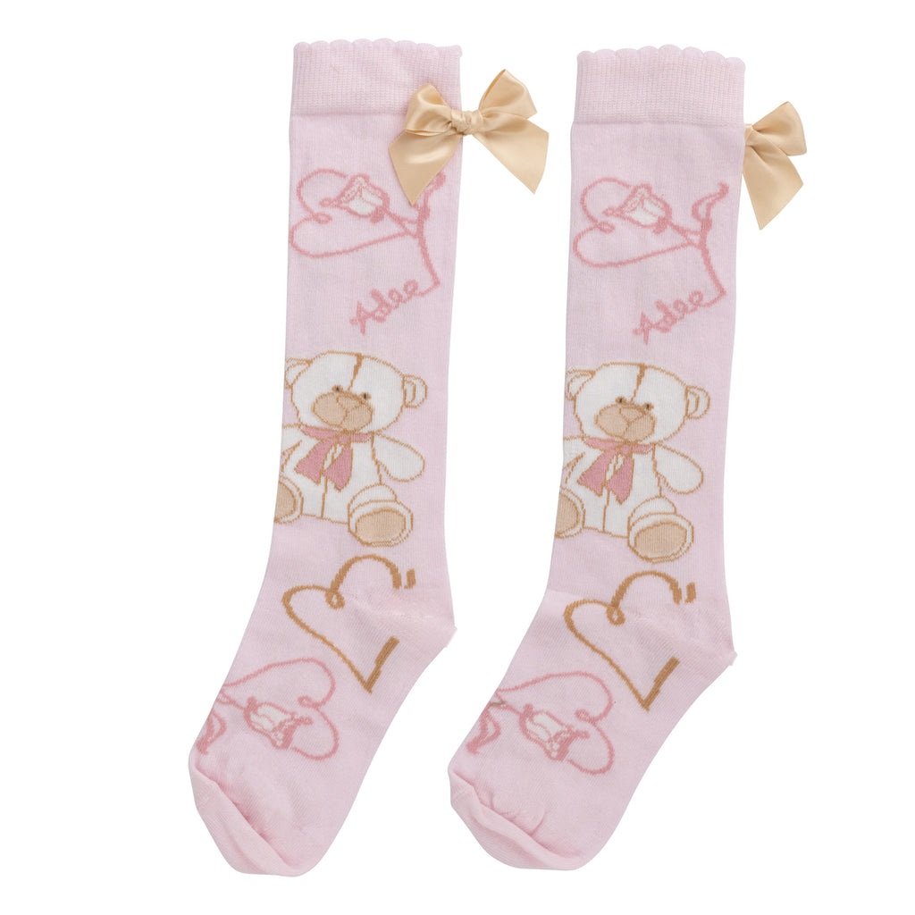 AW24 ADee SLOANE Baby Pink Teddy Print Knee High Socks