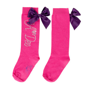 AW24 ADee TATE Hot Pink Diamanté Bow Knee High Socks