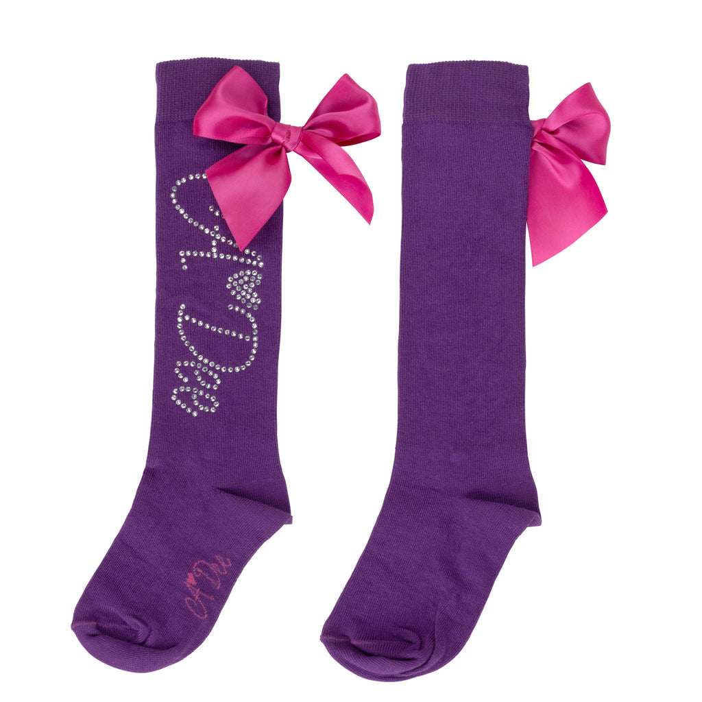 AW24 ADee TATE Bold Purple Diamanté Bow Knee High Socks